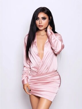 Satin Wrap-Front Mini Dress in Light Pink